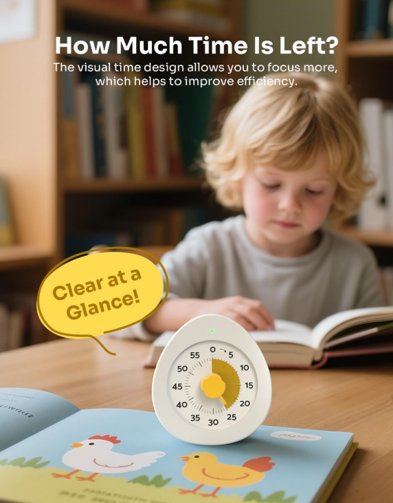 Visual Timer for Kids with Cute Design, Quiet Countdown Clock with Adjustable Alarm, Pause Function, Magnetic Kitchen Timer for Study, Classroom, Cooking, Exercise