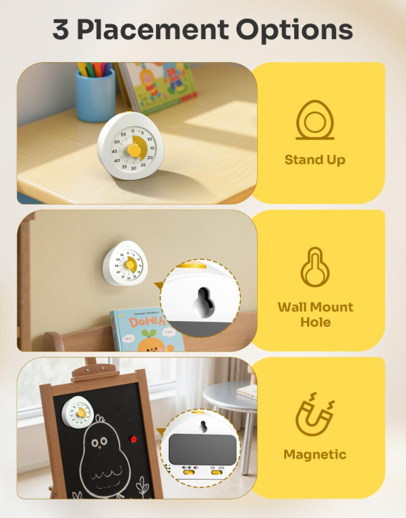 Visual Timer for Kids with Cute Design, Quiet Countdown Clock with Adjustable Alarm, Pause Function, Magnetic Kitchen Timer for Study, Classroom, Cooking, Exercise