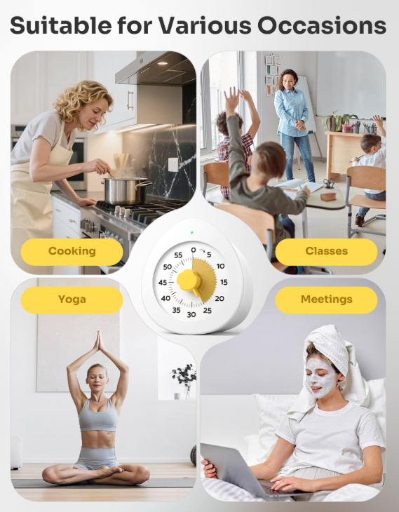 Visual Timer for Kids with Cute Design, Quiet Countdown Clock with Adjustable Alarm, Pause Function, Magnetic Kitchen Timer for Study, Classroom, Cooking, Exercise